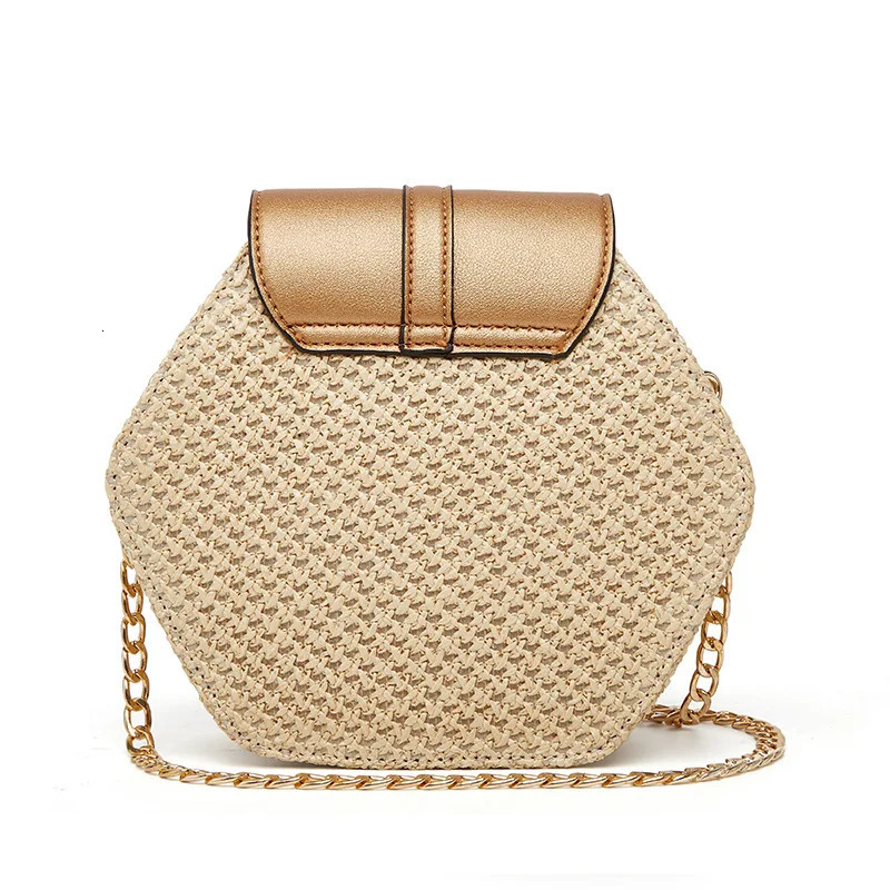 Hexagon Shape Straw PU Leather Handbag Women Summer Rattan Bag Handmade Woven Beach Bohemia Chain Strap Shoulder Crossbody Bags 250801
