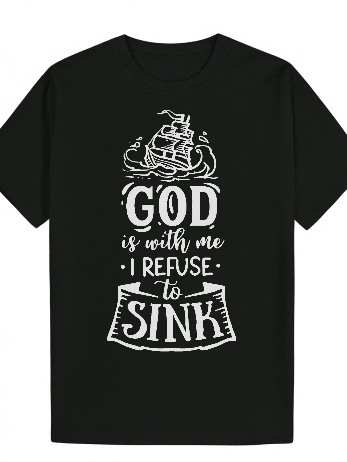 Men's Summer Casual Short Sleeve T-Shirt - Black with White Nautical Ship and Inspirational Quote Pattern, Breath Polyester Fiber, Regular Fit, M