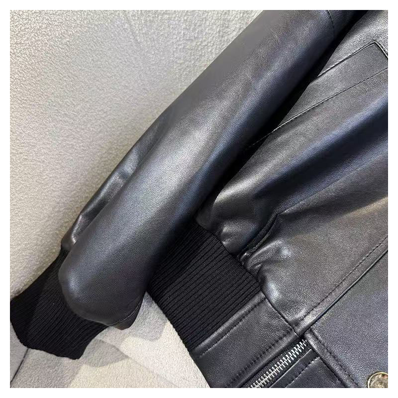 Fashionable black pilot jacket top ribbed stand up collar PU leather jacket men's leather jacket