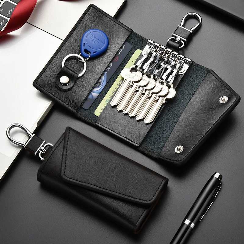 Portable Leather Housekeeper Holders Car Keychain Key Punch Bag Case Men Black Keys Wallet Cover Simple Solid Color Storage Bags G250802