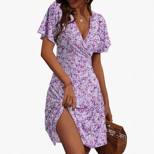2025 European and American hot selling summer new digital printed short sleeved V-neck casual printed dress in stock new trend designer dress