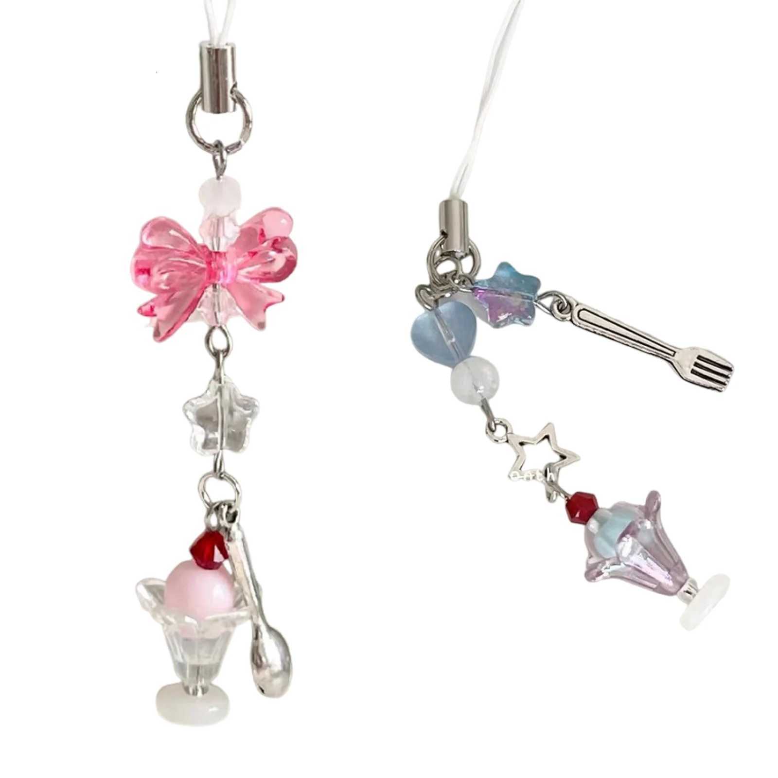 Cute Bowknot Ice Cream Pendant Mobile Phone Chain Charm Beaded Keychain Phone Strap Lanyard Earphone Hanging Decor Accessories G250802