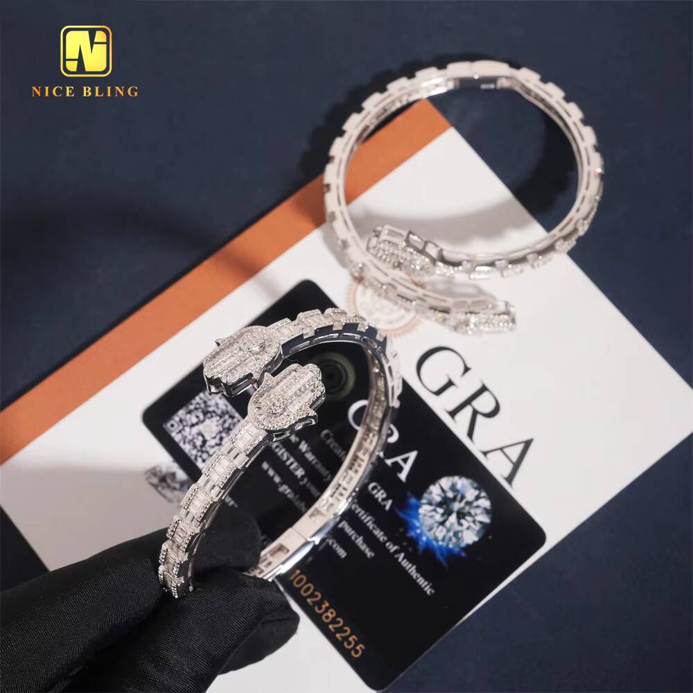 New Design Hamsa Hand Bangle Fine Hip Hop Jewelry Silver Plated Baguette Custom Iced Out 925 Silver VVS Moissanite Bracelet