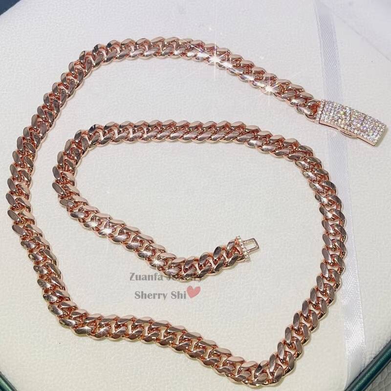 Zuanfa Jewelry Sterling Silver 925 Plain Cuban Necklace Iced Out 8MM Rose Gold Name Cuban Chain
