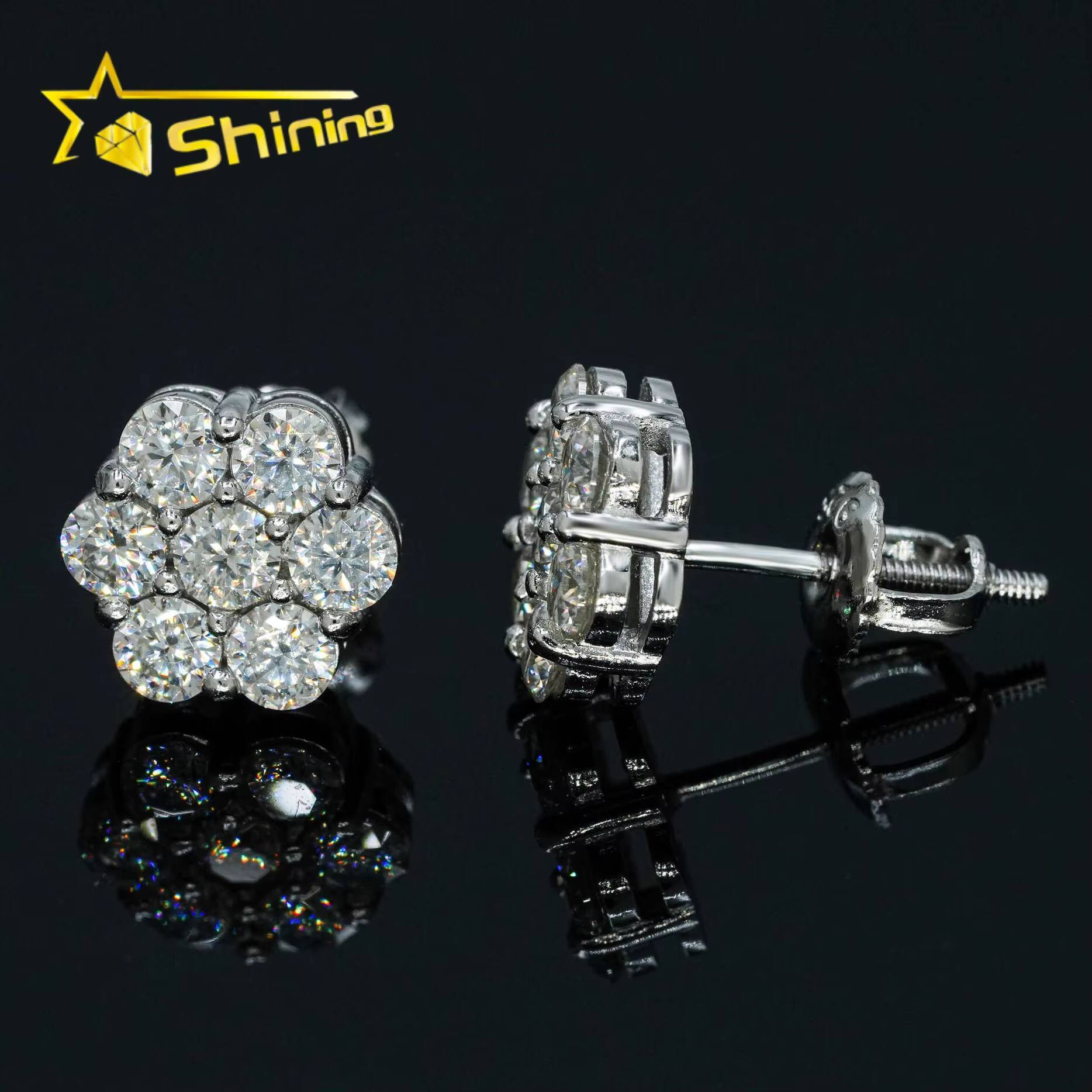 Hot Selling Gold Plated 925 Silver Flower Earrings GRA Certificated Screw Back Moissanite Cluster Ear Stud for Men Women
