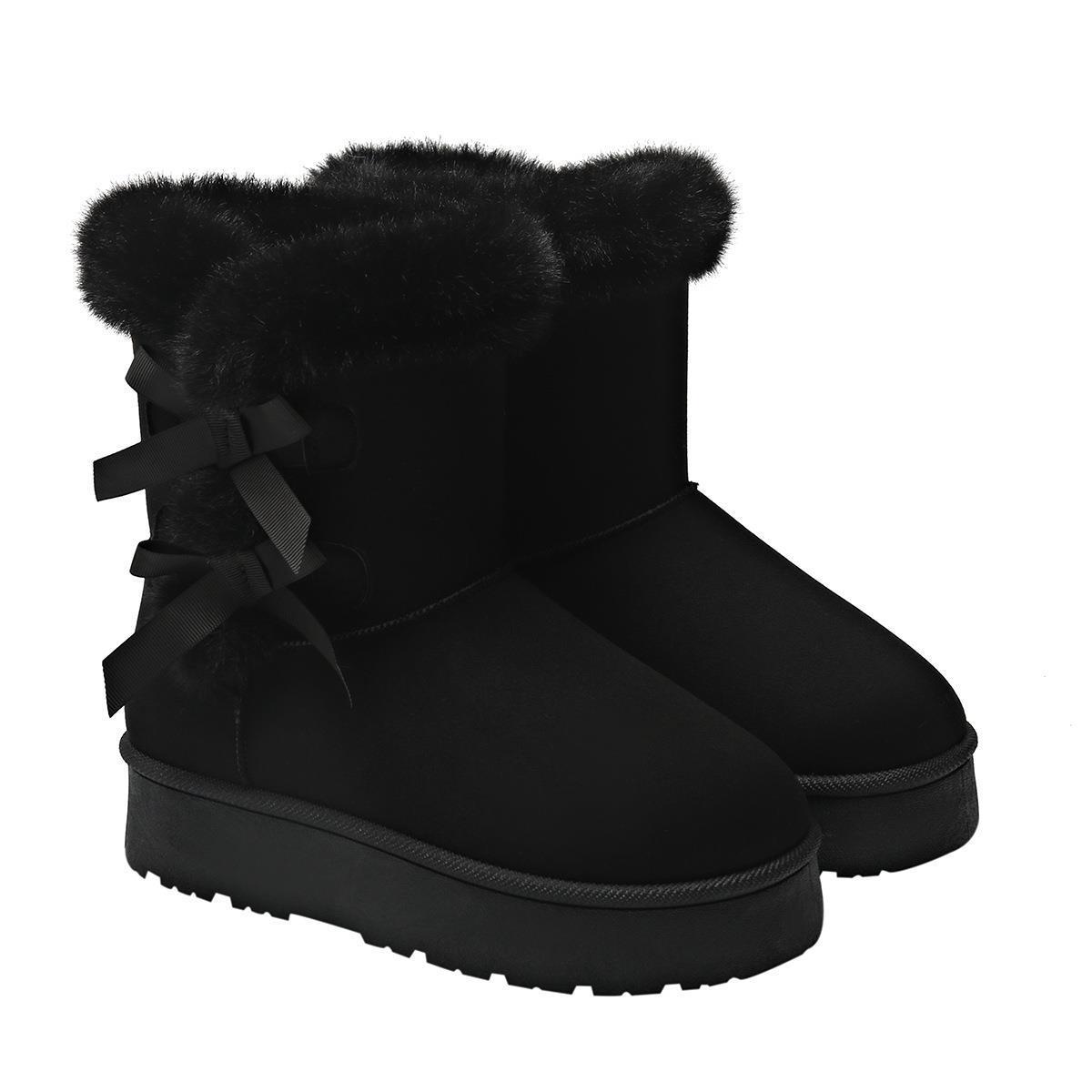 Fleece - Lined and Thickened Snow Boots with Slip - On Design New Winter 2025 Model Thick Sole Furry Opening Bow - Knot Warm and Available in Large Si