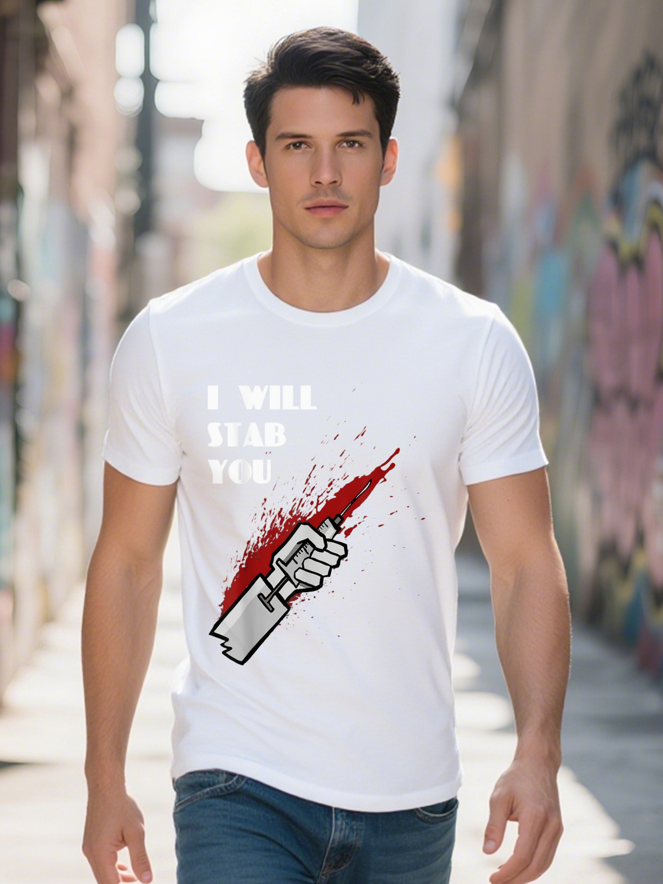 Men s Cotton Graphic T Shirt I Will Stab You Funny Nurse Design Short Sleeve Tee for Casual Attire Black with e784c
