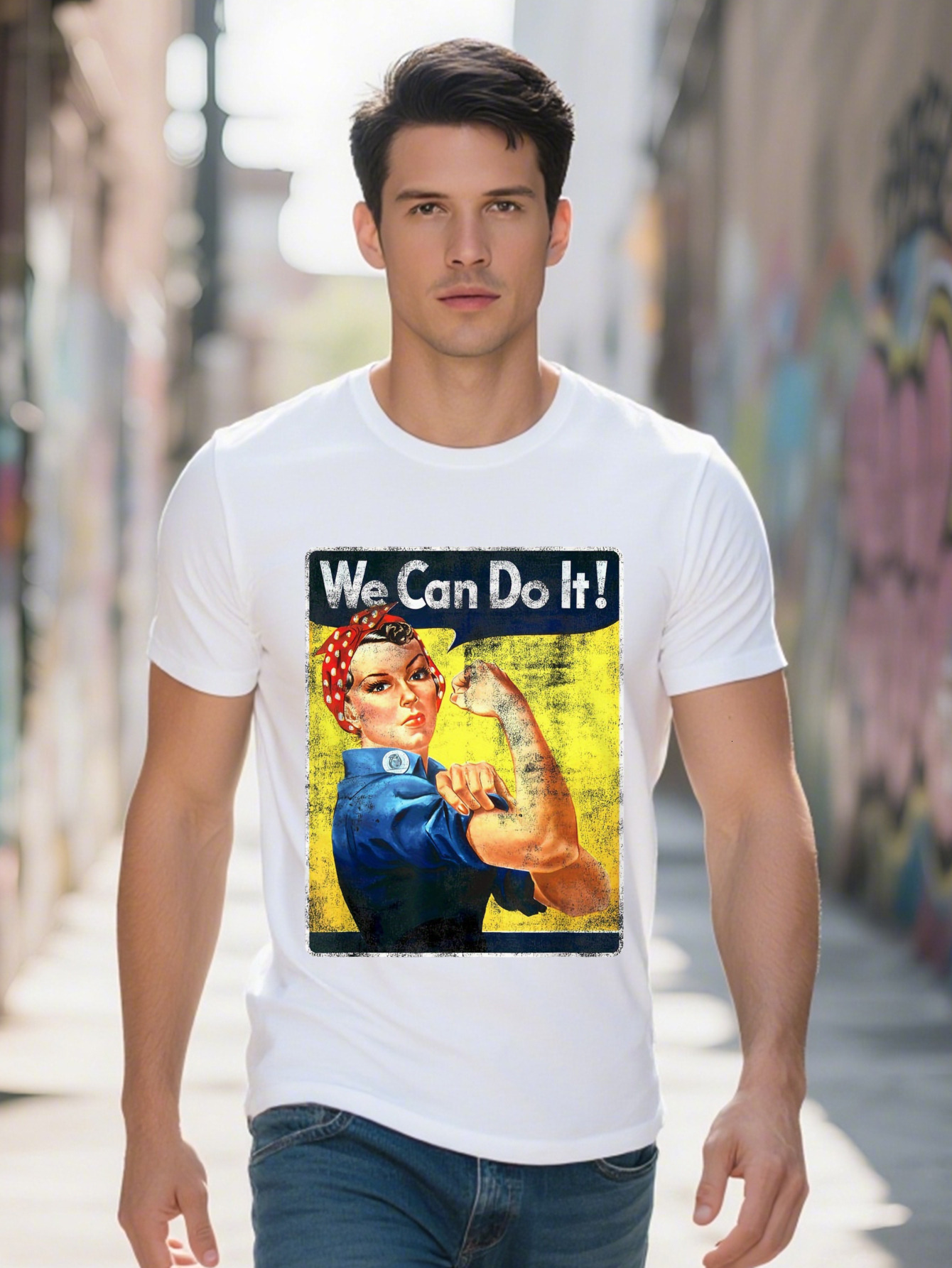 terge i aceast traducere We Can Do It Rosie the Riveter Feminist T Shirt Cotton Short Sleeve Crew Neck hine Washable Black with