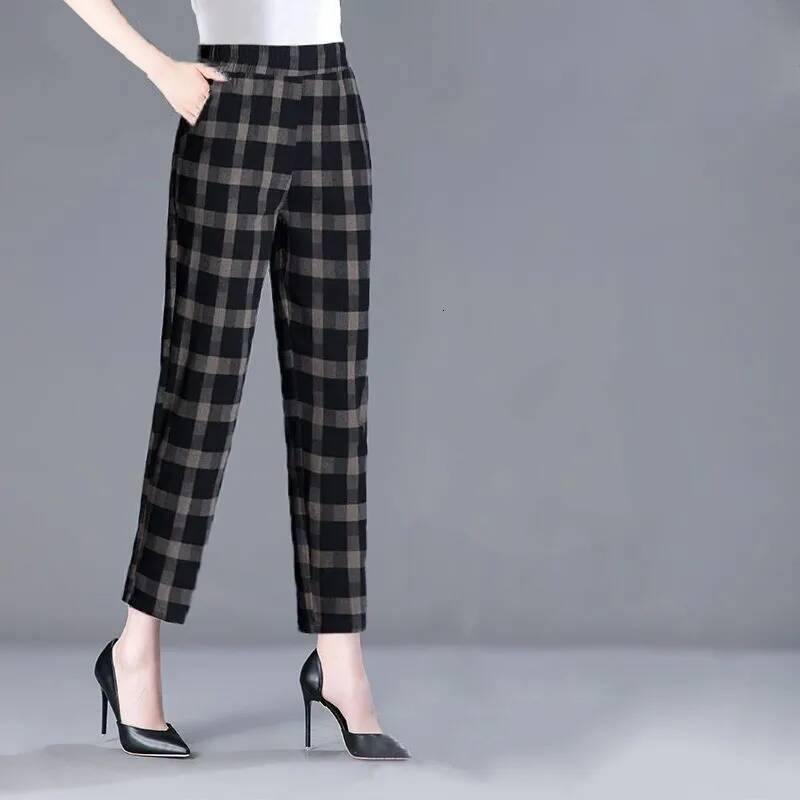 1pcs Spring Summer Women Cotton Comfort Breathable Pants Female Grid Flower Print Casual Loose Lady Haren Straight Leg Pant dongdumaoyi