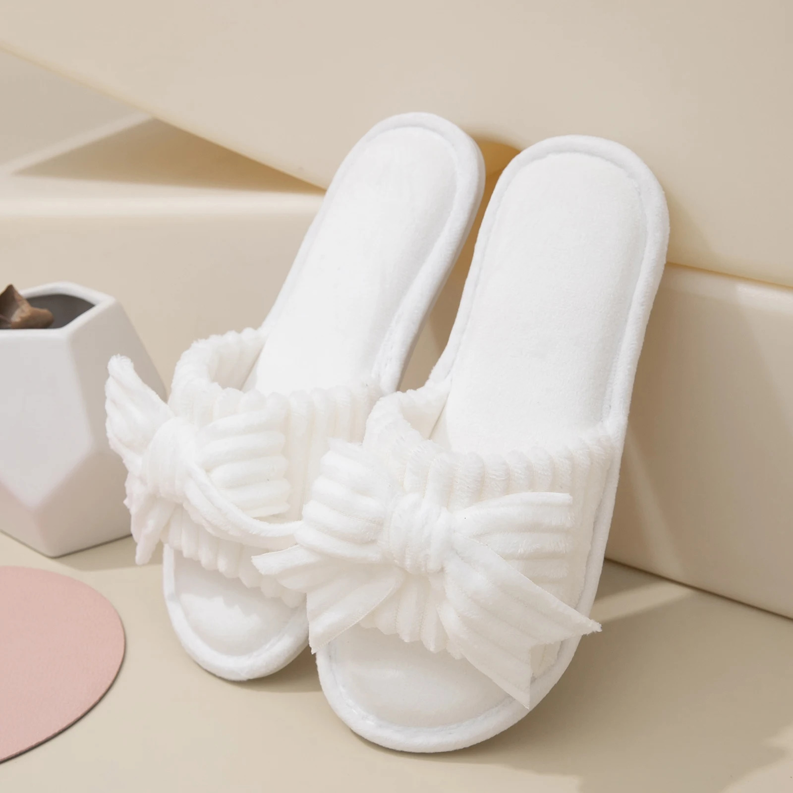 Women Bow Decor Plush Open Toe Memory Foam Fluffy Slippers 250814