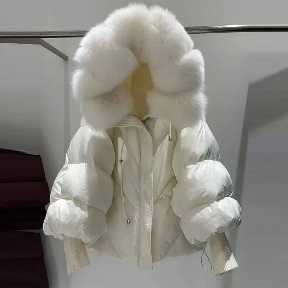 White Duck Down Coat Women Real Fur Hooded Puffer Jacket Thicken Warm Knitted Sleeve Mid Long Parka New Winter Large