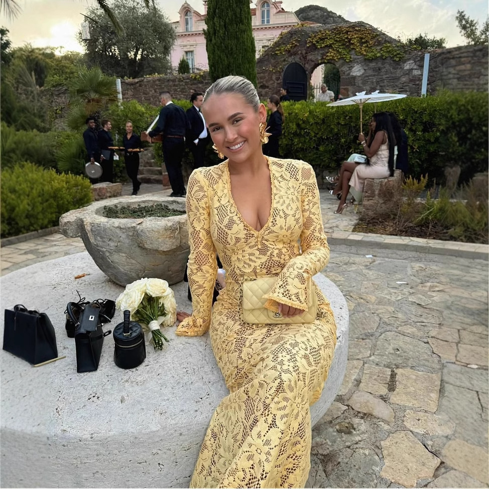 2025 trend European and American sexy fashion new deep V-long sleeved mesh hollow mermaid dress new designer dress