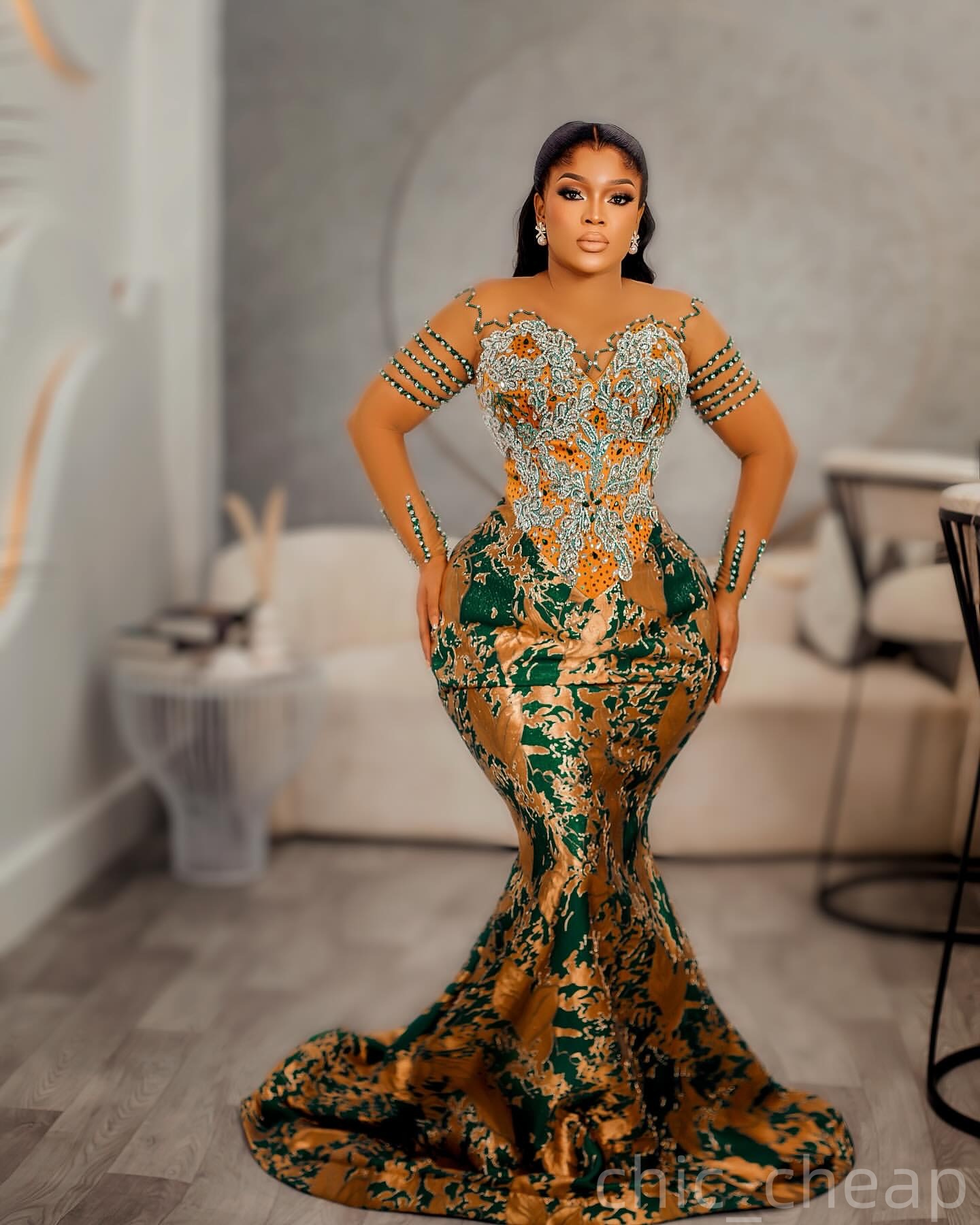 Gold Green Mermaid Prom Dresses 2025 Crystals Beaded Lace Evening Formal Party Second Birthday Engagement Gowns Plus Size Dress For Special Occasions 