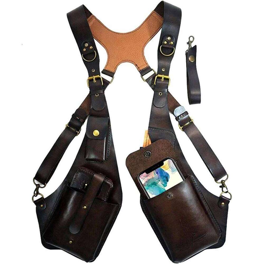 Retro Anti-Theft Leather Double Armpit Bag Outdoor Fashion Adjustable Wallet Phone Case For Men Shoulder Holster Bags