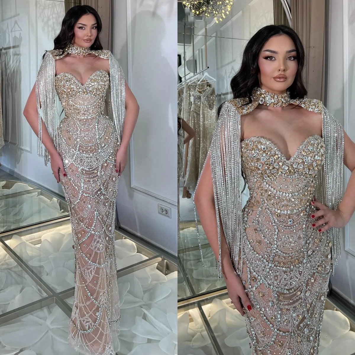 Exquisite Crystal Tassels Evening Dresses Customized Sexy Sequined Beaded Prom Dress Sleeveless Floor Length Party Gown