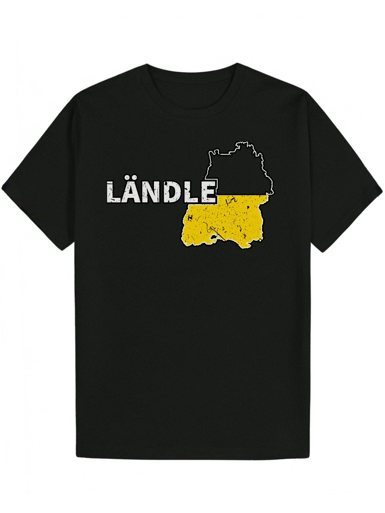 Men's Short Sleeve T-Shirt - Black Distressed 'LANDLE' Letter Print and Yellow Map Pattern, Lightweight Polyester Crew Neck Machine Was