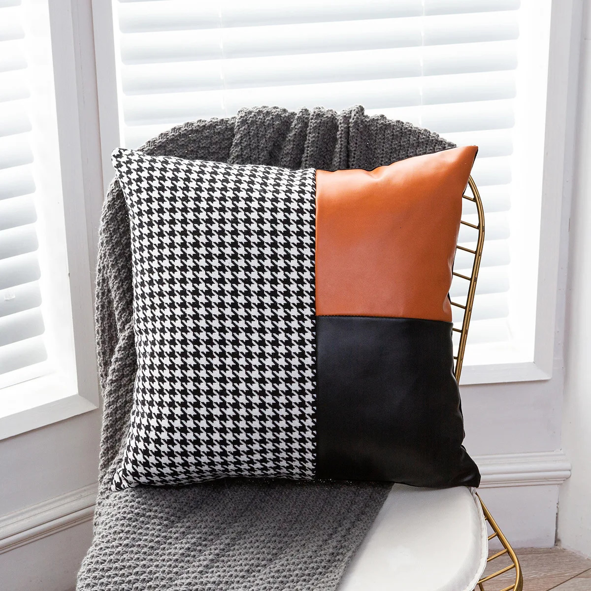 Luxury 45X45cm Square Orange pu Leather Cushion Cover Pillowcase Waist Pillow Cushion Covers Black White Houndstooth Pillow Case 250804