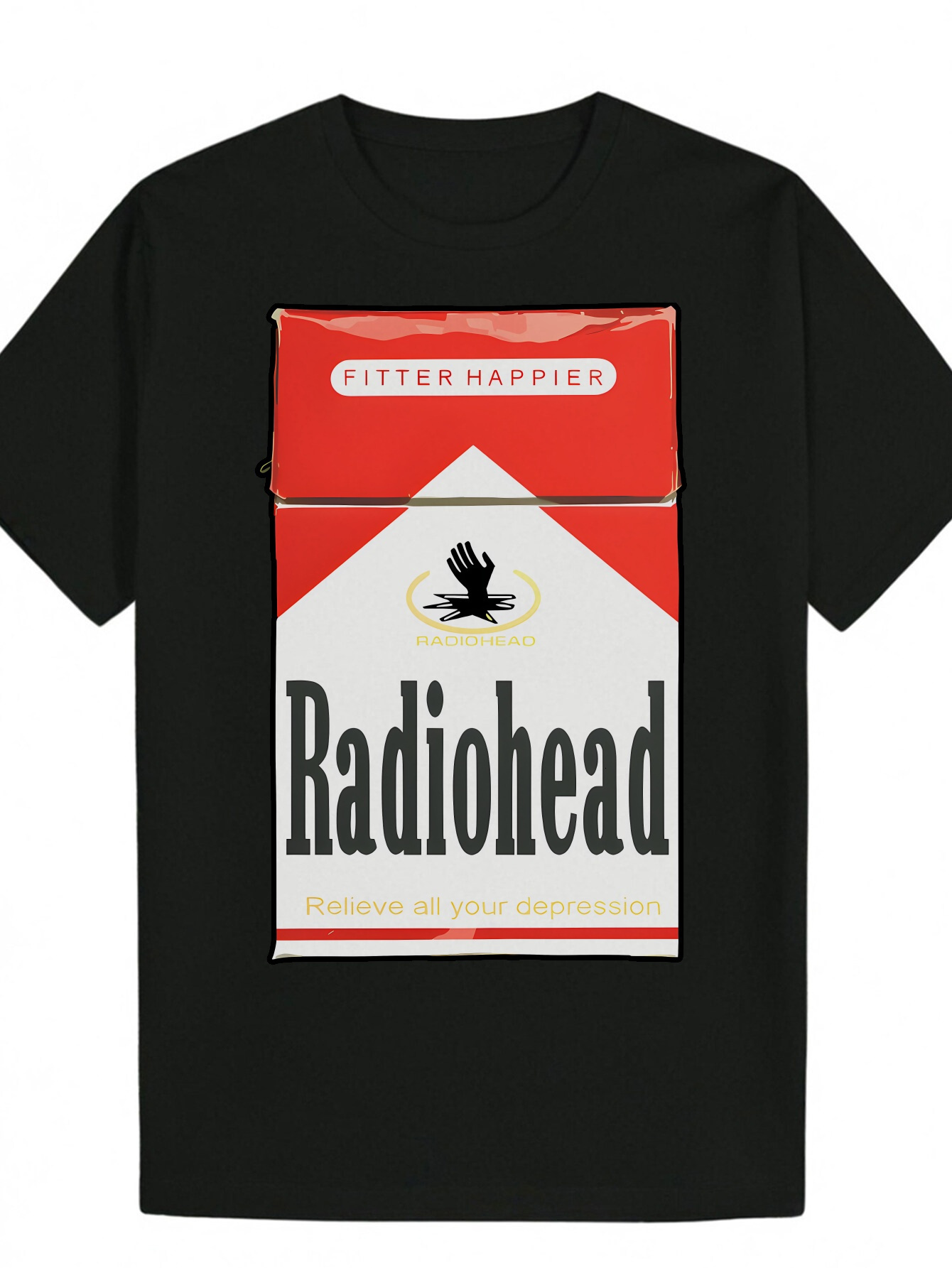 Men's Black Casual Short Sleeve with Radio Head Pattern and 'Fitter Happier' Slogan - 100% Polyester, Machine Washable, Regular Summer 