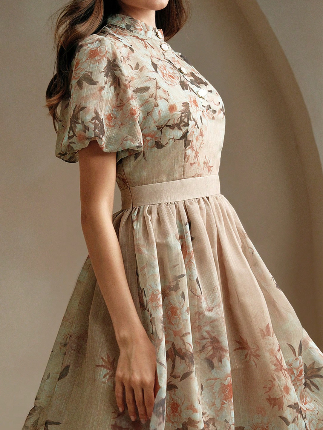 F84Foreign trade women's spring and summer elegant bamboo print spot wholesale dress