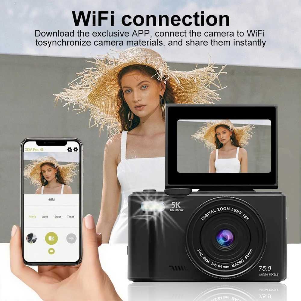 5K Digital Camera for Photography and 18X Digital Zoom Camera 75 MP Compact Video Recorder 180 Flip Screen Selfie WiFi Webcam X250804