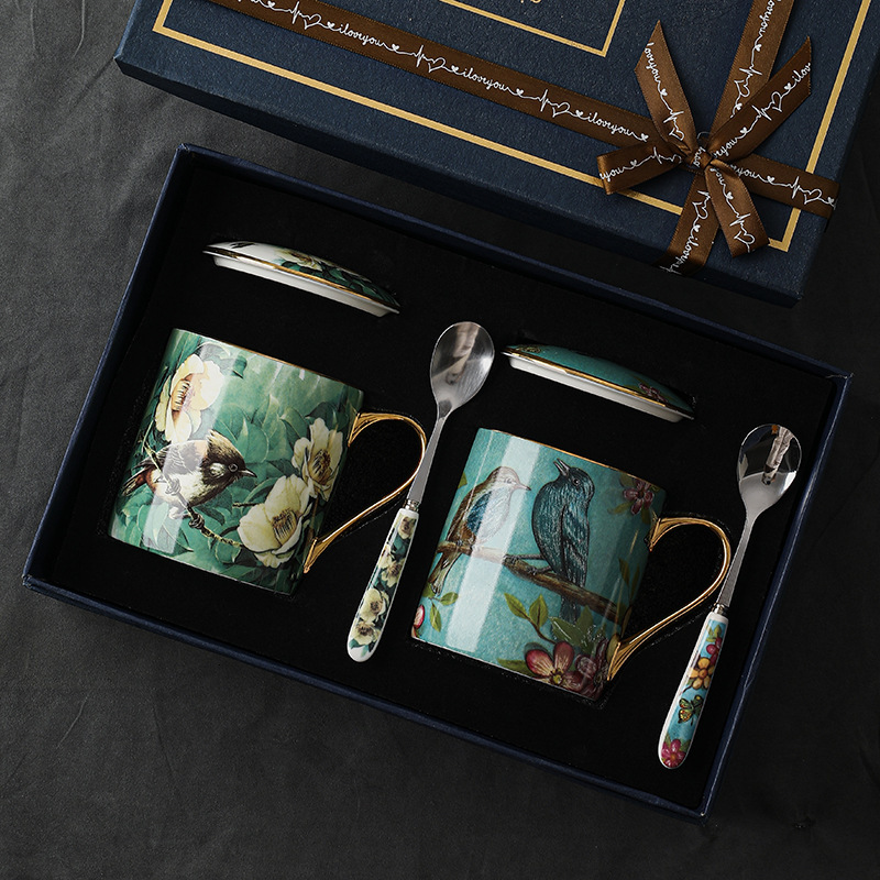 Bone China Mugs Pair Gift Box with Lids Spoons Exquisite Cups for Coffee Tea Perfect Office Home Dining Outdoor Use Durable