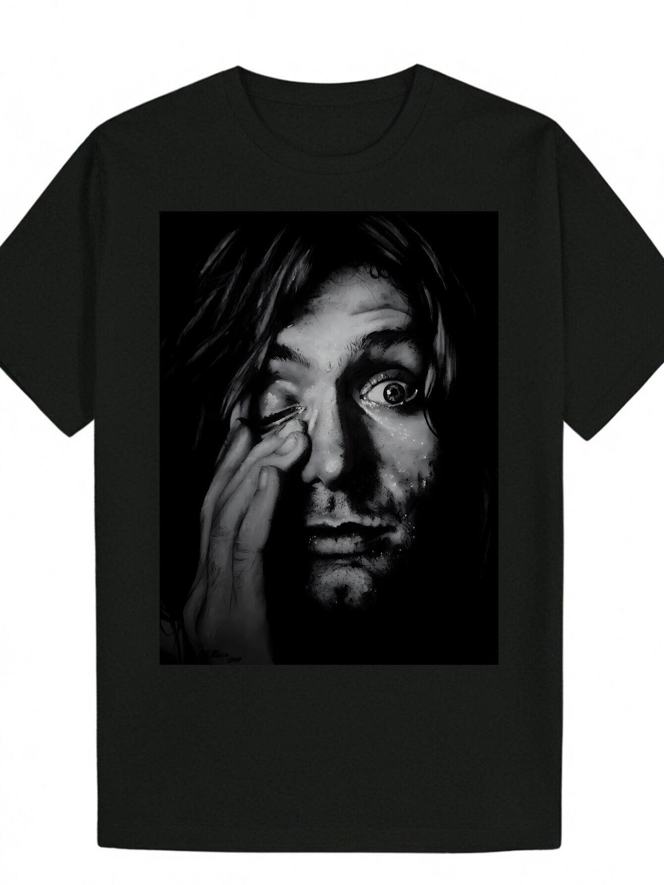 Men's Summer Casual Pattern - Black Round Neck, Exquisite Monochrome Design, Short Sleeve, Regular Fit, Everyday T-Shirt Artistic Portrait Print 