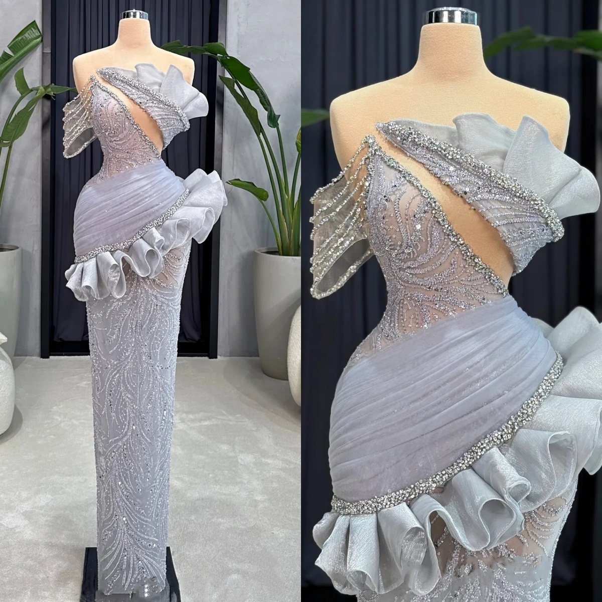 Unique Evening Dresses Sequins Beading Prom Dress Ruffle Rhinestone See Through Illusion Mermaid Party Gowns Vestidos De Noche Plus Size