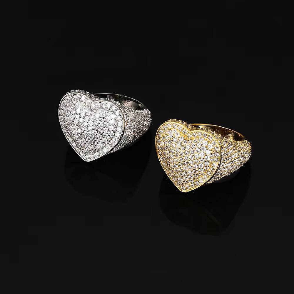 Hip Hop Diamond Heart Ring Women Full 3A Zircon 18k Gold Plated Iced Out Love Ring