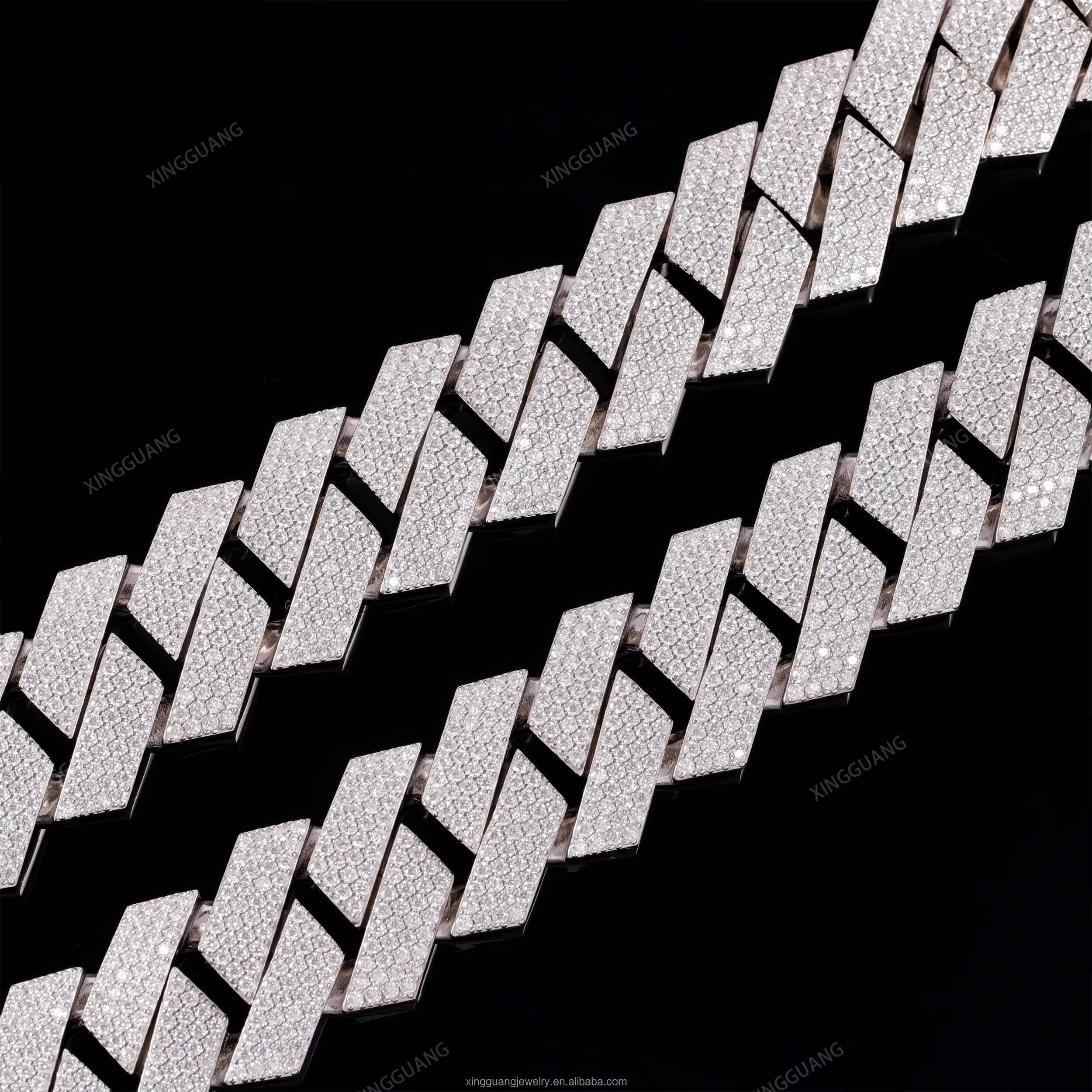 High Quality in Stock Moissanite Cuban Link Chain 4row 24mm White Gold 925 Sterling Silver Iced Out Moissanite Cuban Chain