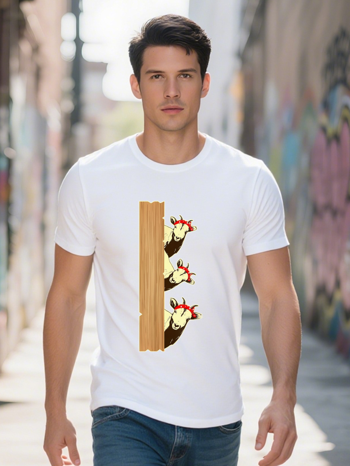 Men s Cotton T Shirt with Funny Goat Design Black Farm Animal Lover Gift Short Sleeve Round Neck Tee for Casual 22094