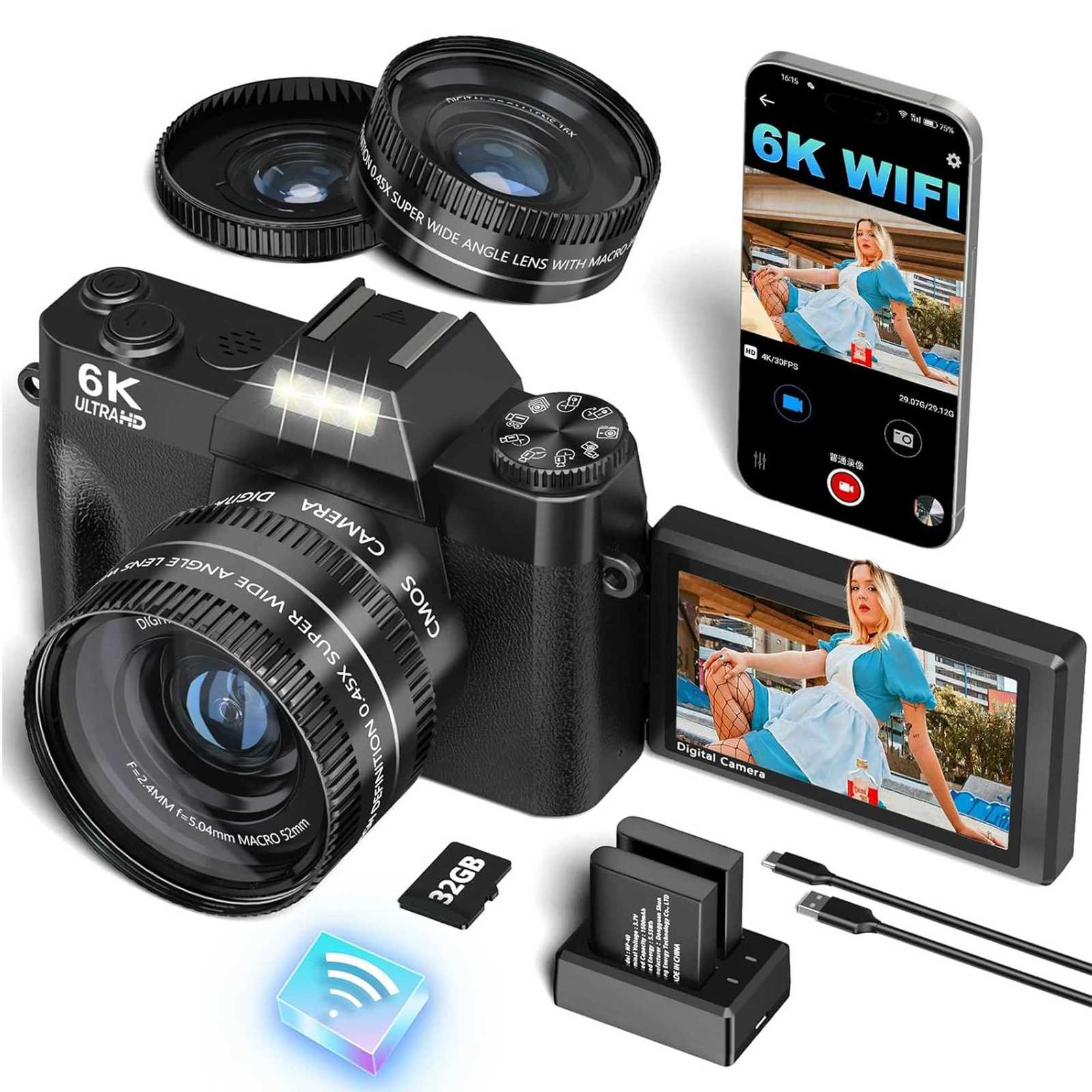 6K Digital Photography Camera Video Autofocus Anti-Shake 64MP Vintage Vlog Recorder YouTube 180 Flip Screen WiFi Webcam Camera X250804