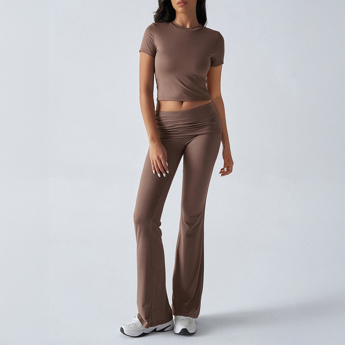 Summer New Simple Comfortable Solid Color Slim WaistExposing Short Sleeve TShirt High Waist Long Pants TwoPiece Set for Women 240808