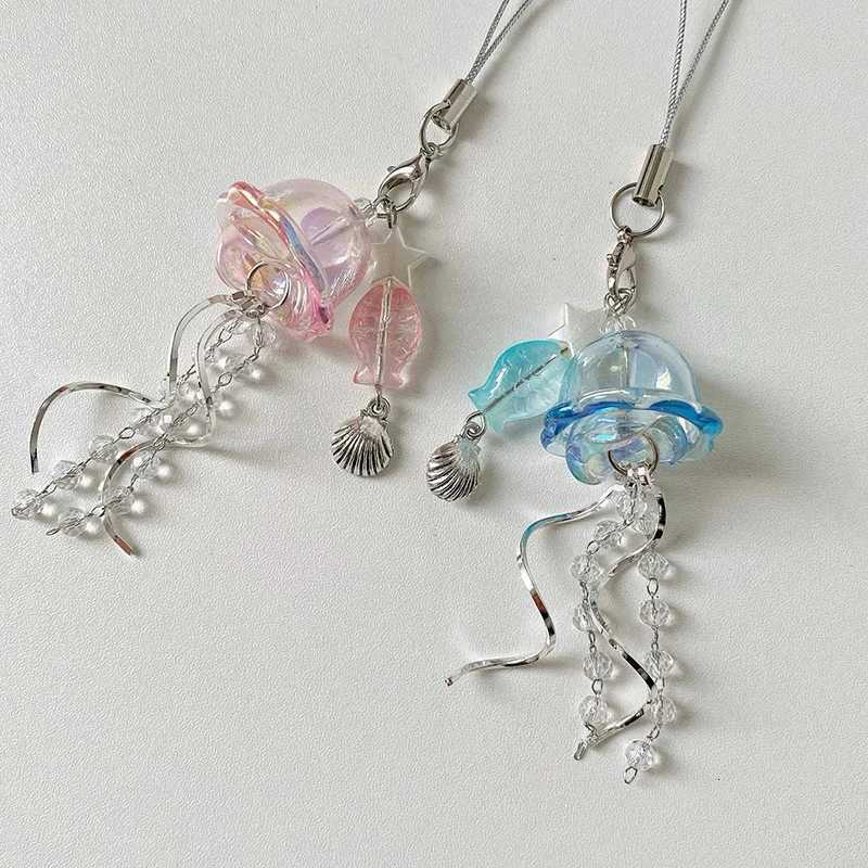 2K Jellyfish Tassel Mobile Keychain Jellyfish Beaded Phone Charm Keycord Korean Sea Shell Fish Beads Chain Backpack Keyring G250802