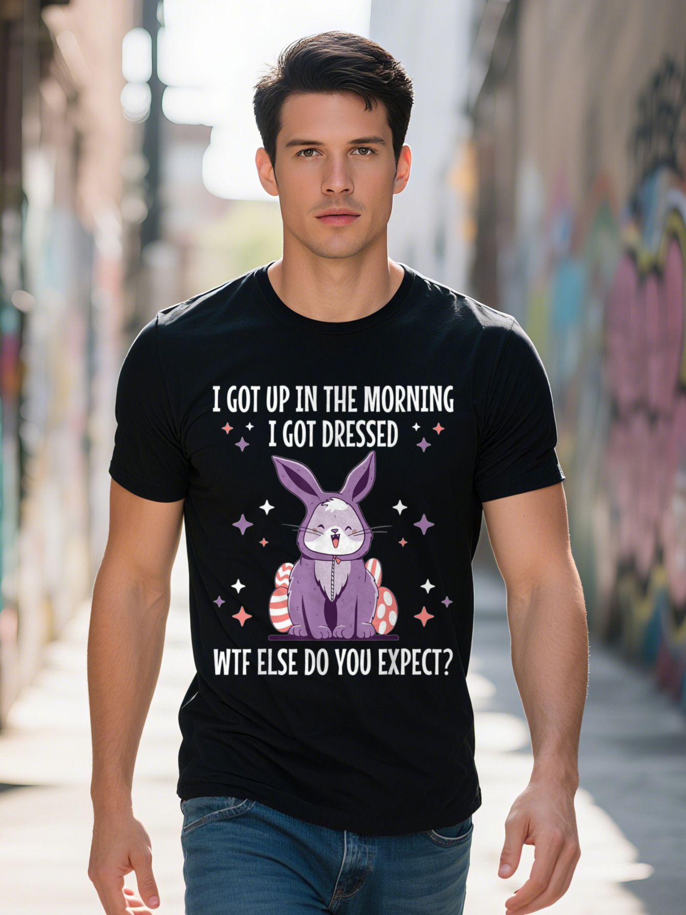 Men s g Cotton T Shirt Funny Sarcastic Easter Dressed as Bunny Graphic Tee with I Got Up in the Morning Quote 8adc5