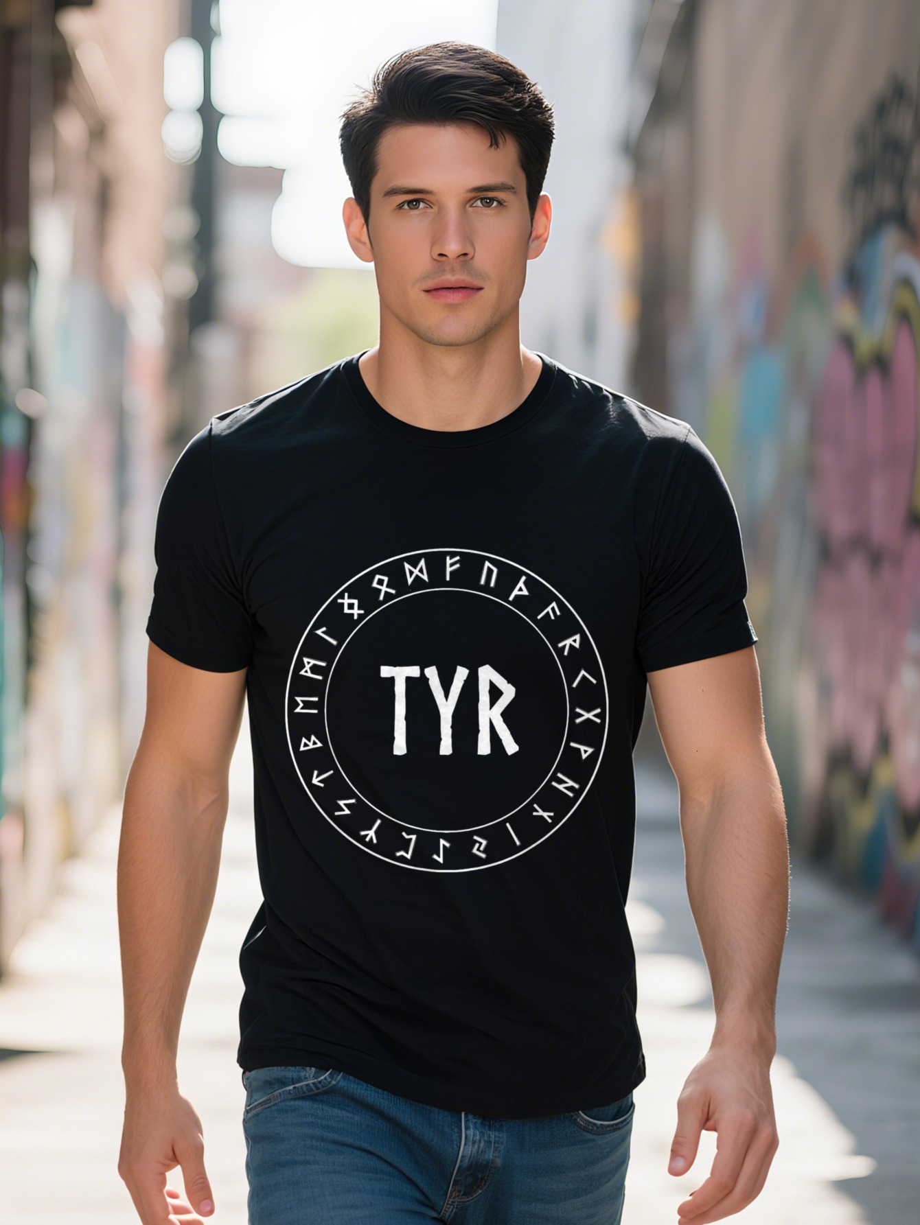 Men s Cotton T Shirt Tyr Norse God Rune Design Short Sleeve Crew Neck Casual Fit, washable, black with e6bbf