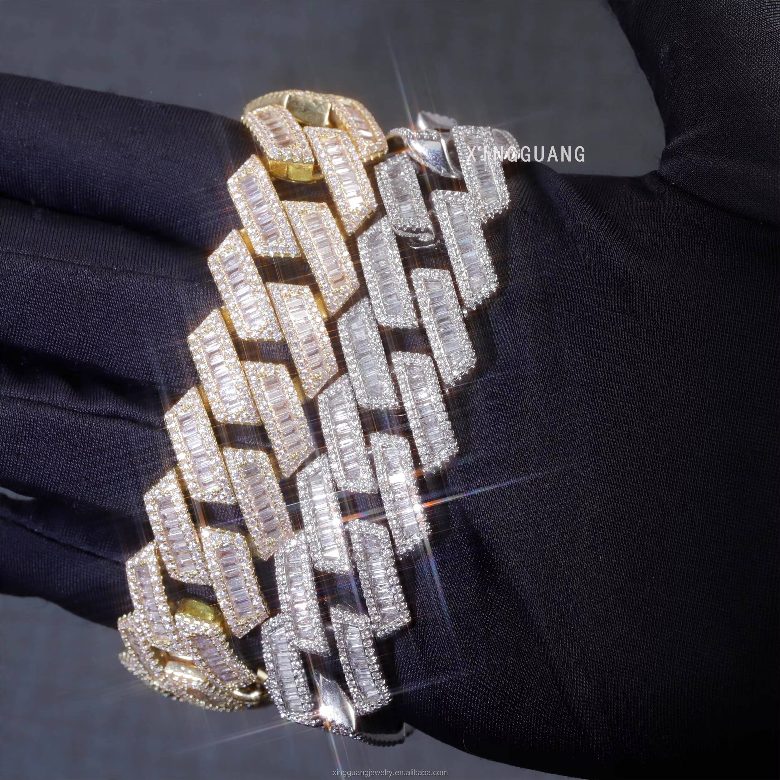 Hip Hop Rapper Cuban Bracelet 20mm Wide S925 Silver Bracelet for Men Women VVS Baguette Moissanite Diamond Cuban Bracelet