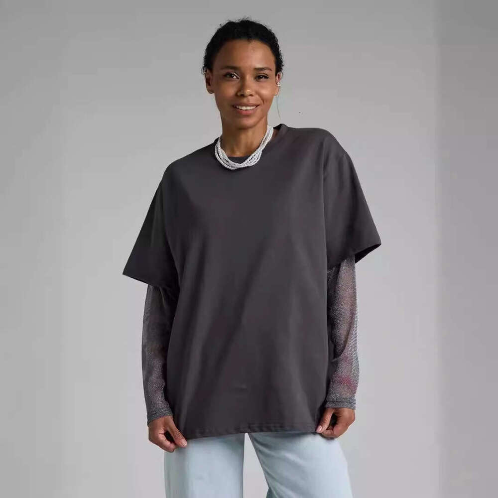 Summer New Style Shiny Mesh Patchwork Long Sleeve T-Shirt For Women Loose Sun Protection Top B5 b7