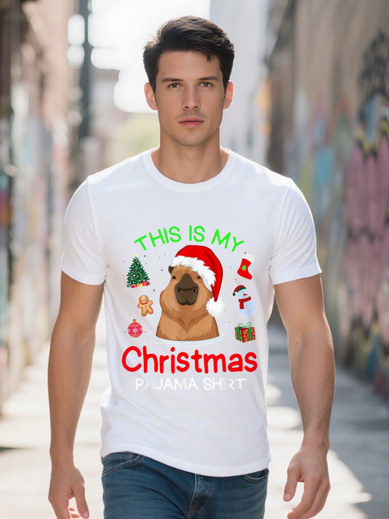 Men s Capybara T This Is My Pama Shirt Holiday Graphic Tee Cotton Short Sleeve Festive Santa Hat Design