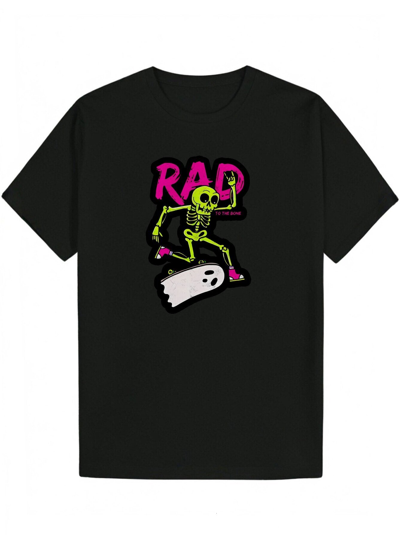 Men's Black Summer - Round Neck Polyester Pattern T-Shirt with 'RAD' Skull Skateboard Design, Machine Washable, Lightweight and Breatha