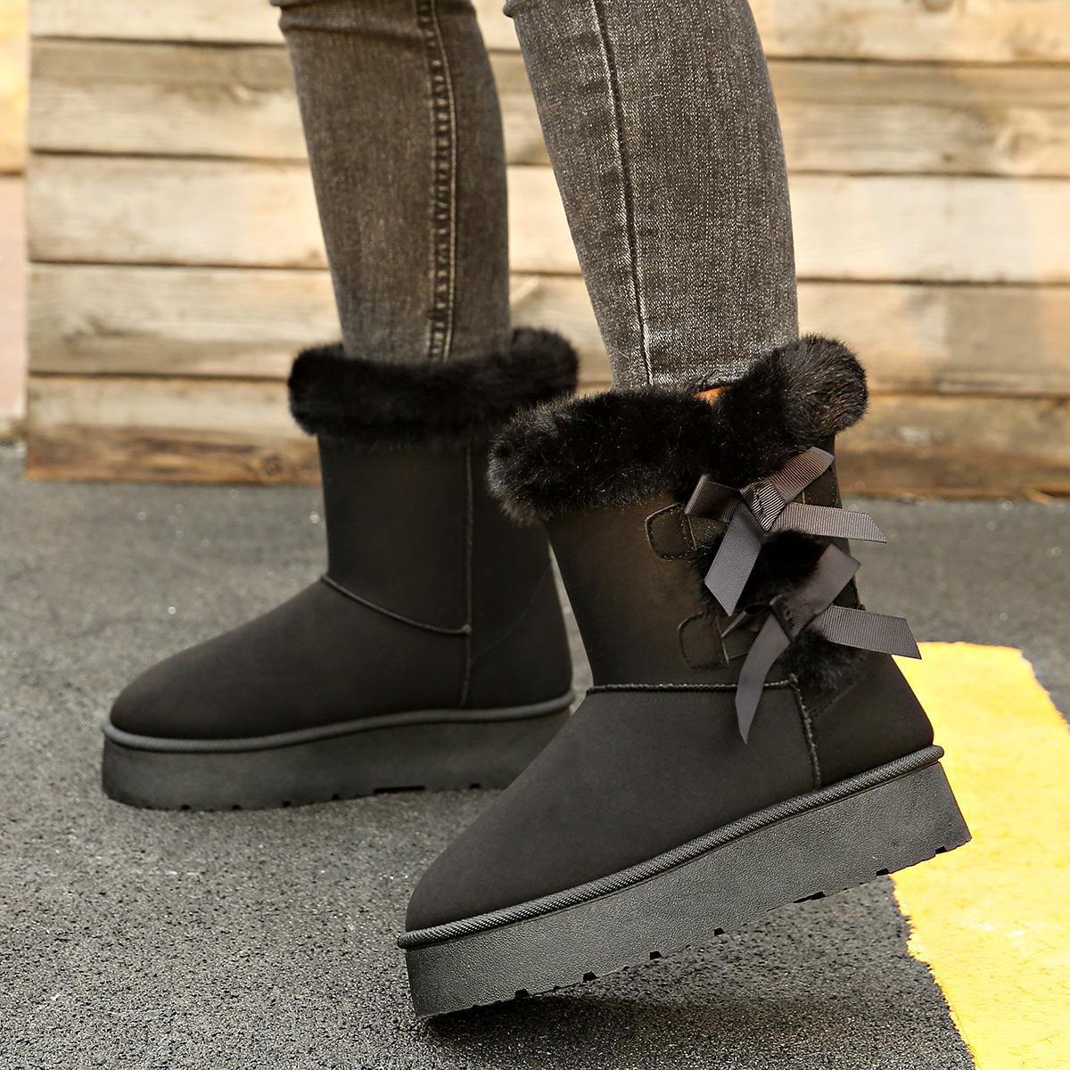 Fleece - Lined and Thickened Snow Boots with Slip - On Design New Winter 2025 Model Thick Sole Furry Opening Bow - Knot Warm and Available in Large Si