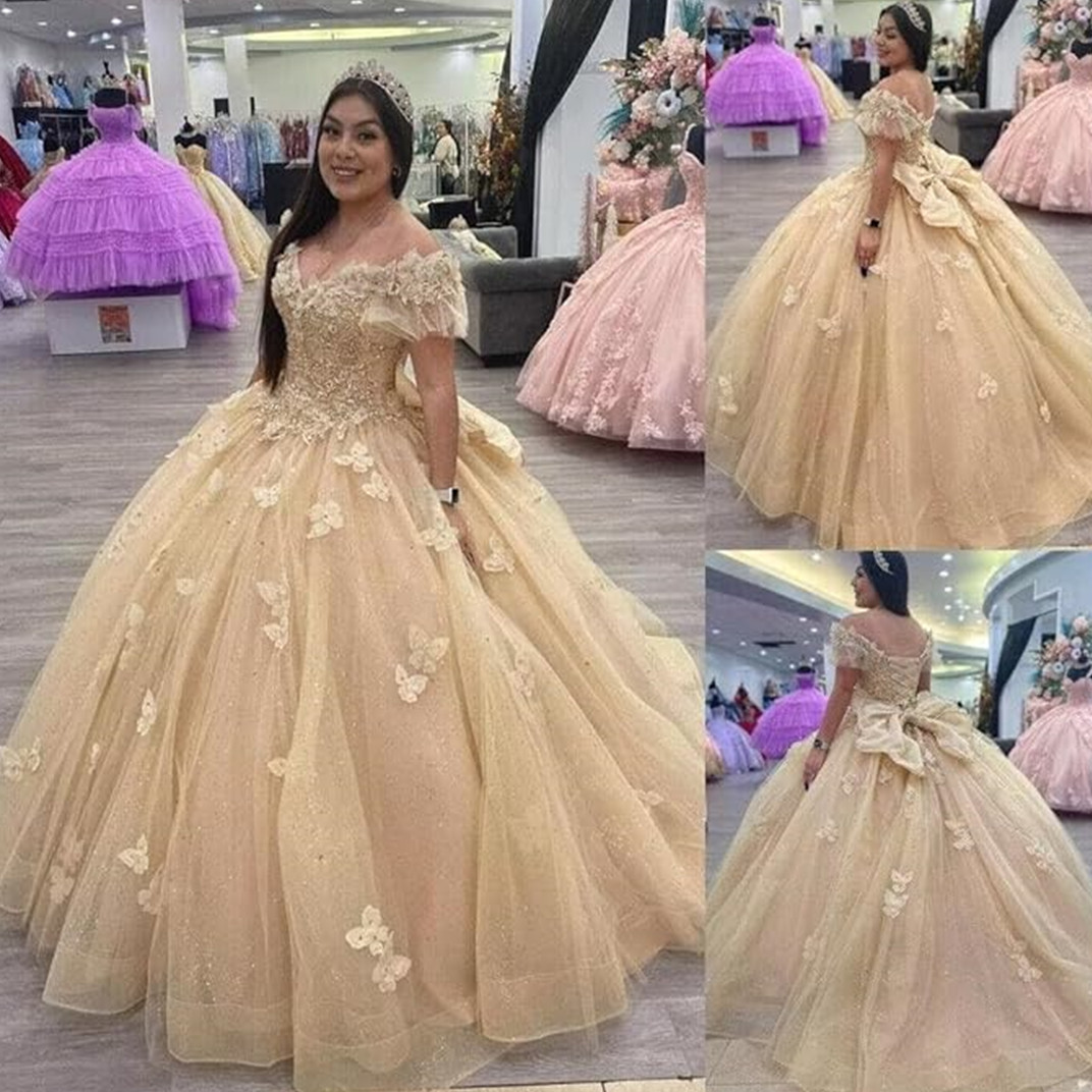 Light Pink Quinceanera Dresses with 3D Floral Applique Tulle Sweep Train Off the Shoulder Beaded Pleats Sweet 15 16 Birthday Ball Gown Custom Made