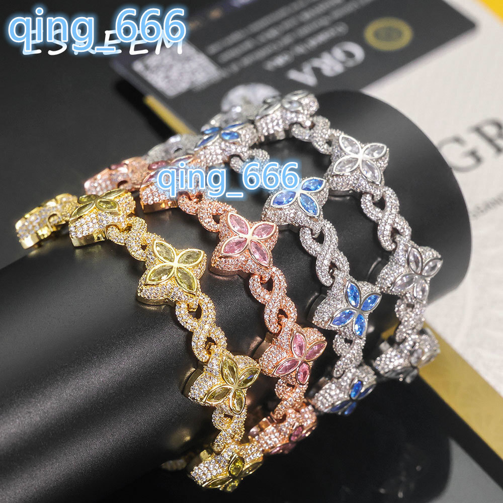 Hip Hop VVS Moissanite Cuban Bracelet 925 Sterling Silver Multi Color Flower Design Iced Out Chain Bracelet Jewelry for Women