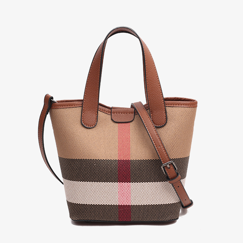 Women's Handbags Genuine Leather Canvas Checkered Color - Blocking Handheld Bags Market Basket Bags 2025 Fashion Shoulder and Cross - body Bucket