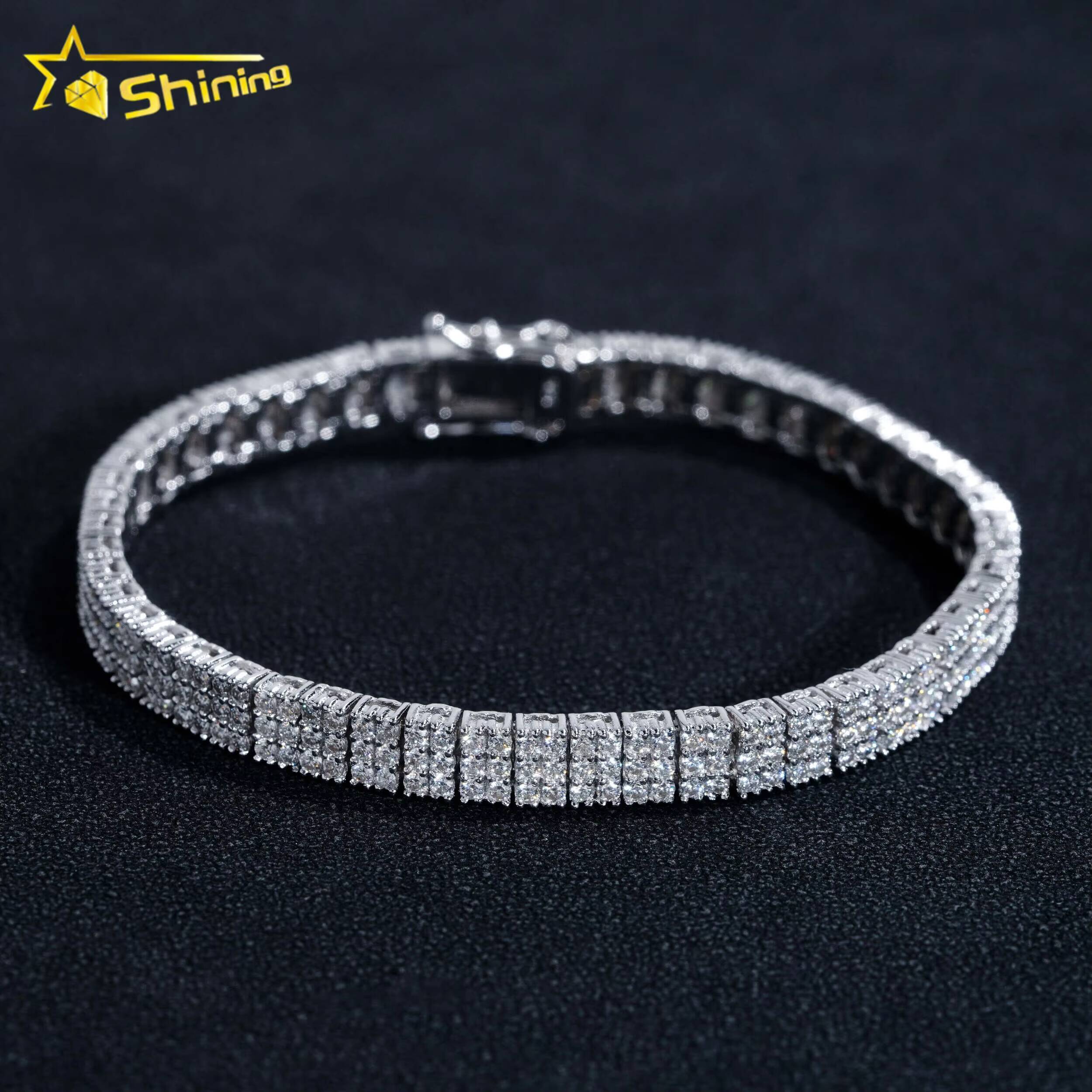 GRA Certificate Fashion Luxury 3 Rows Diamond 925 Silver Bracelet Moissanite Tennis Chain