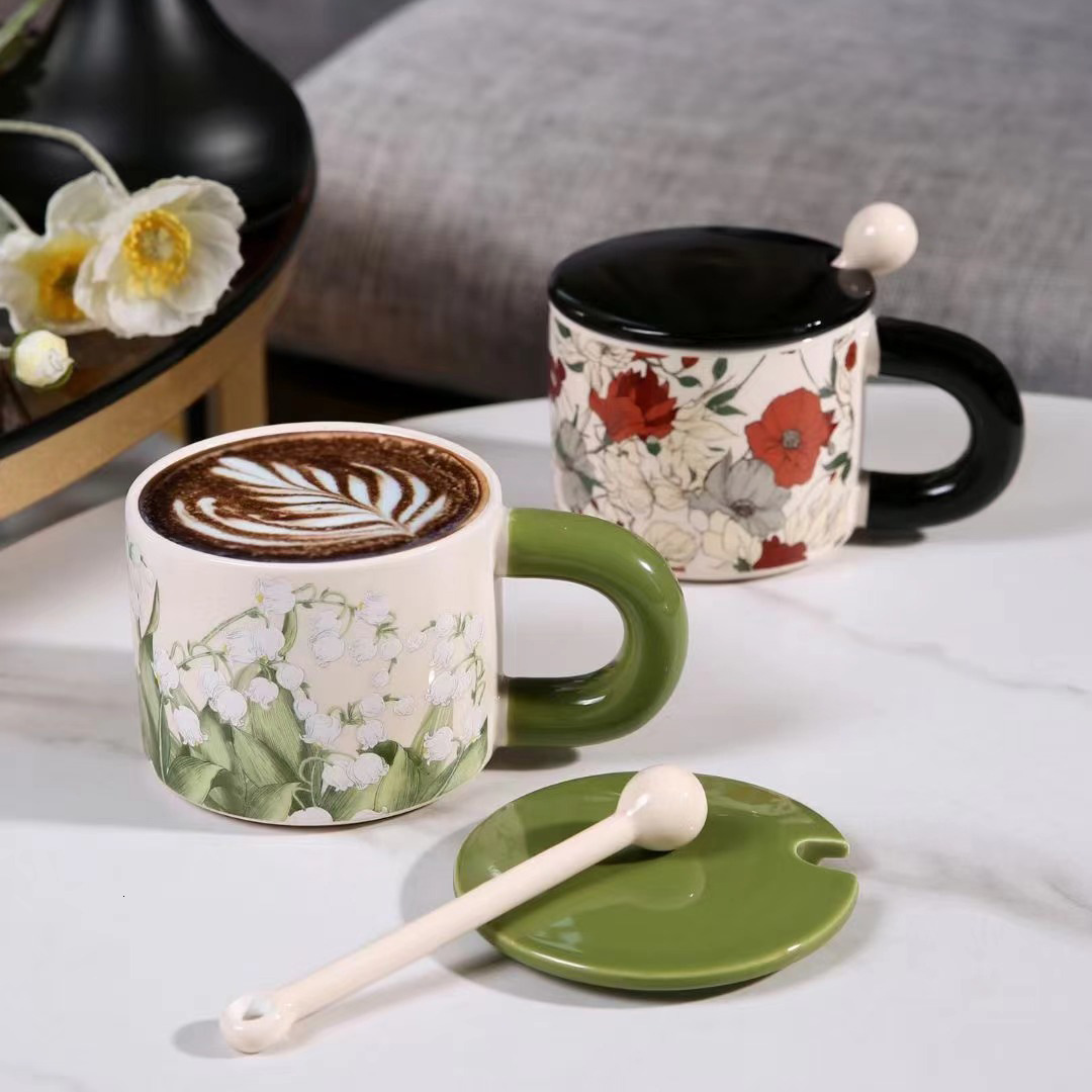 Light Luxury Flower Ceramic Cup with Lid and Spoon, High-Value Home Drinking Office Coffee Tea Cup, Mug