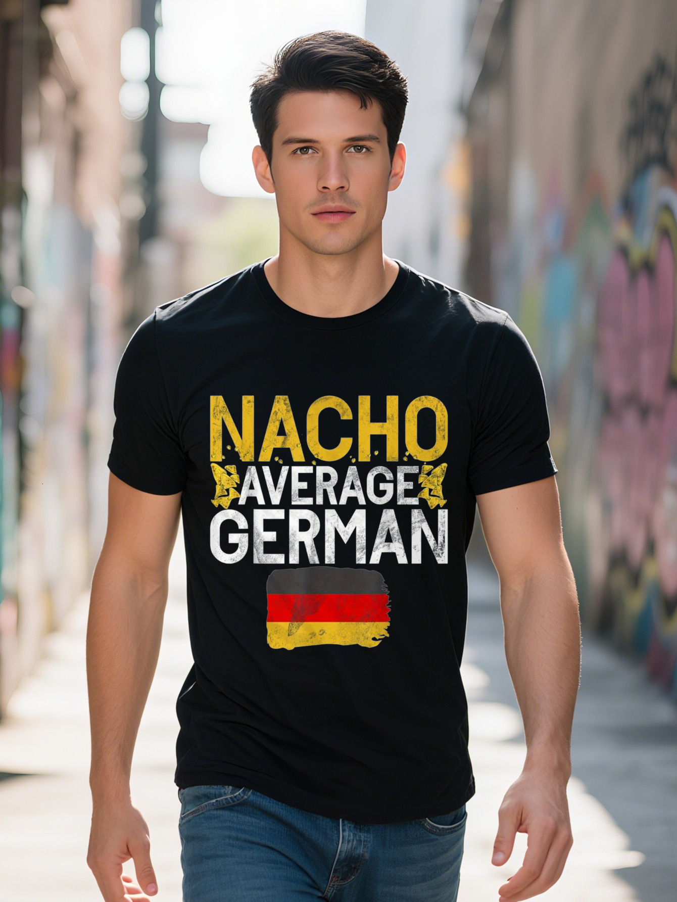 Men s Funny Nacho Average Graphic T Shirt Distressed with German Flag Black Casual Short Sleeve Tee Regular Fit ff483