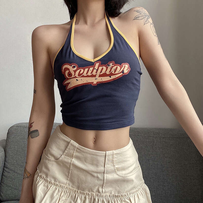 Trendy 2025 designer Summer New Women's Fashion Letter Print Sexy Halter Neck Tank Top