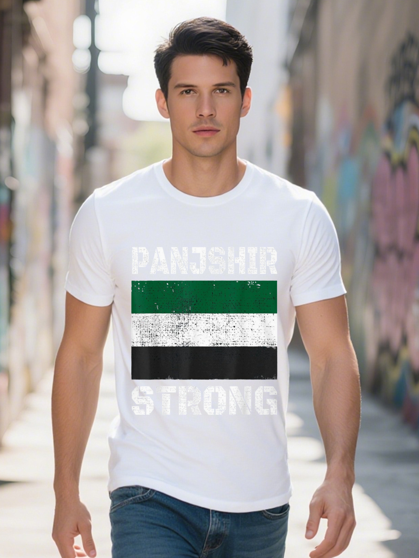 Men s Panjshir Strong Flag Graphic T Shirt Cotton Black with Green White Stripes Casual Crew Neck Short f238c