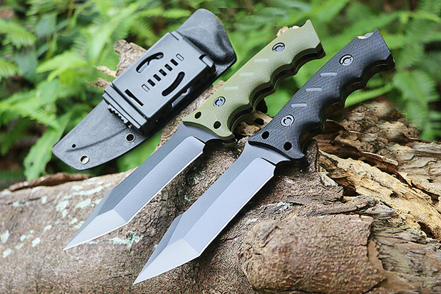 M7763 Outdoor Survival Straight Knife 440C Titanium Coating Tanto Point Blade Full Tang Rubber and Plastic Handle Camping Hunting Fixed Blade Knives