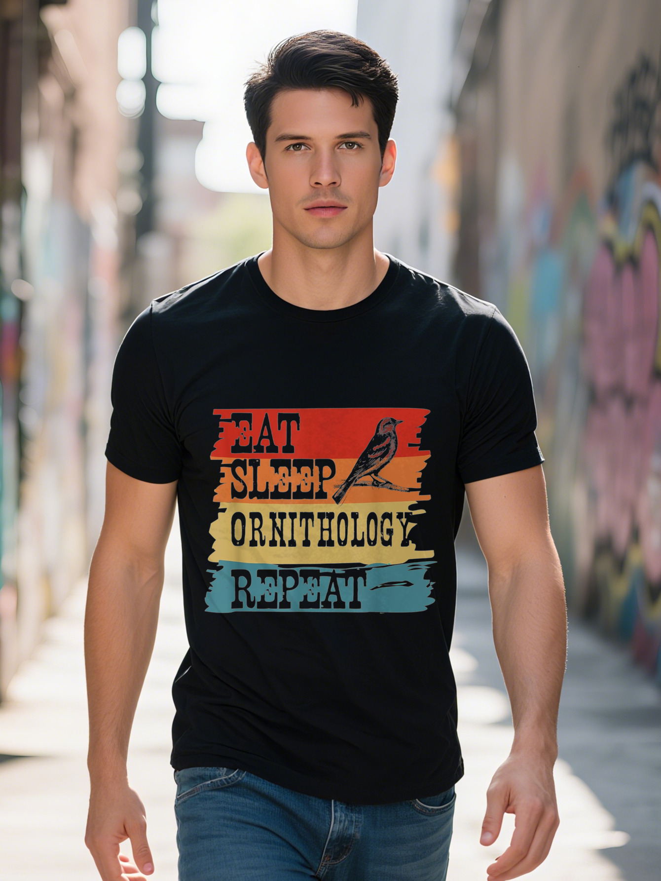 Men s Vintage Eat Sleep Ornithology Repeat Graphic T Shirt Cotton Casual Bird Watching Tee with Striped Design d1e0b